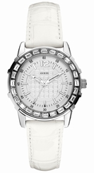 Guess Watches : W0019L1 Quartz White Dial Stainless Steel Case With White Leather Strap Women Watch