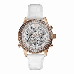 Guess Watches : W0020L1 Quartz Amused Silver Dial Rose Gold Stainless Steel Case With White Leather Strap Women Watch