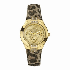 Guess Watches : W0023L1 Quartz Gold Dial, Gold Tone Stainless Case With Brown Leather Strap Women Watch