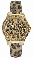 Guess Watches : W0030L1 Quartz Beige Dial Stainless Steel Case With Brown Leather Strap Women Watch