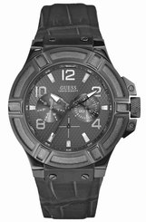Guess Watches : W0040G1 Quartz Silver Dial Stainless Steel Case With Black Leather Strap Men Watch