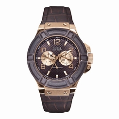 Guess Watches : W0040G3 Quartz Brown Dial Stainless Steel Case With Brown Leather Strap Men Watch