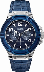 Guess Watches : W0040G7 Quartz Multifunction Dial Blue Leather Men Watch