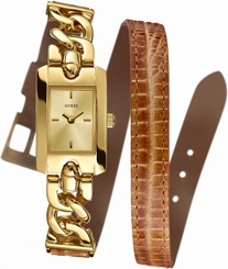 Guess Watches : W0053L6 Quartz Gold Dial And Stainless Steel Case With Brown Leather Strap Women Watch