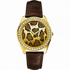 Guess Watches : W0056L2 Analogue Quartz Gold Dial, Gold And Stainless Steel Case With Brown Leather Strap Women Watch
