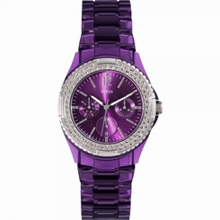 Guess Watches : W0062L2 Analogue Quartz Rock Candy Purple Dial Stainless Steel Case With Purple Stainless Steel Bracelet Women Watch