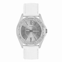 Guess Watches : W0069L1 Quartz Rock Candy Silver Dial Stainless Steel Case With White, Gray And Black Leather Strap Boxed Set Women Watch