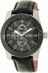 Guess Watches : W0079G1 Quartz Black Dial Stainless Steel Case With Black Leather Strap Men Watch