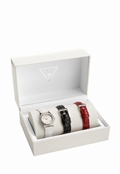 Guess Watches : W0092L1 Quartz White Dial Stainless Steel Case With White, Black And Red Leather Strap Men Watch