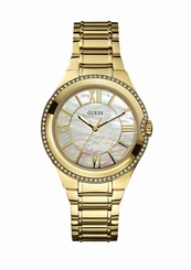 Guess Watches : W0112L1 Quartz White Mother Of Pearl Dial Gold Case With Gold And Stainless Steel Bracelet Women Watch