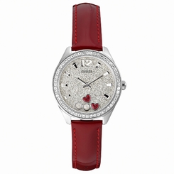 Guess Watches : W0117L2 Quartz Silver Dial Stainless Steel Case With Red Leather Strap Women Watch