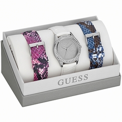 Guess Watches : W0164L1 Quartz White Dial Stainless Steel Case With Red Leather Strap Women Watch