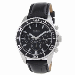 Guess Watches : W0171G1 Quartz Silver Dial Stainless Steel Case With Black Leather Strap Men Watch