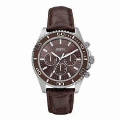Guess Watches : W0171G2 Quartz Brown Dial Stainless Steel Case With Black Leather Strap Men Watch