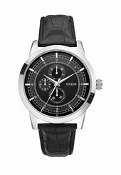 Guess Watches : W0187G1 Quartz Black Dial Stainless Steel Case With Black Leather Strap Men Watch