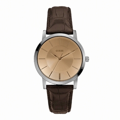 Guess Watches : W0191G2 Quartz Light Brown Dial Stainless Steel Case With Black Leather Strap Men Watch