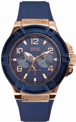 Guess Watches : W0247G3 Quartz Analog Day Date Blue Dial Rubber Strap Men Watch