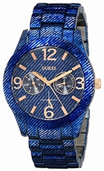 Guess Watches : W0288L1 Quartz Multifunction Dial Blue Denim Print Stainless Steel Women Watch