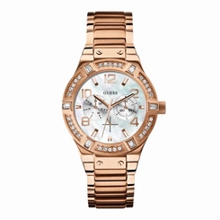 Guess Watches : W0290L2 Quartz Mother of Pearl Dial Crystal Bezel Rose Gold Tone Stainless Steel Women Watch