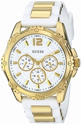 Guess Watches : W0325L2 Quartz Multifunction Dial Gold Tone Stainless Steel and White Silicone Strap Women Watch