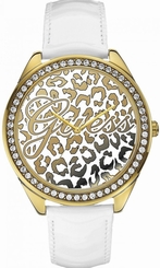 Guess Watches : W0346L1 Quartz Analog Crystal Bezel White Leather Strap Women Watch