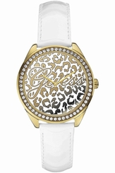 Guess Watches : W0401L1 White & Gold Tone Dial Leather Band Women Watch