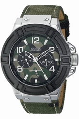Guess Watches : W0407G1 Green Beige Black Dial Fixed Bezel Band Men Watch