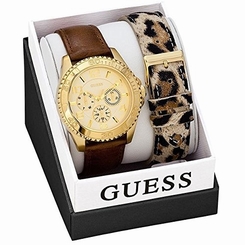 Guess Watches : W0510L1 Gold Dial Leather Band Women Watch