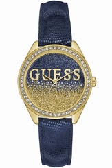 Guess Watches : W0823L5 Blue & Gold Dial Leather Band Men Watch