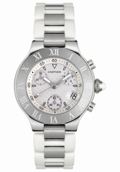 Cartier Watches : W10184U2 Calibre 272 Quartz Brushed Stainless Steel Silver Double C Chronograph With Magnified Date At 4 Dial White Rubber And Stainless Steel Band Men Watch