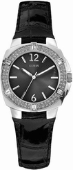 Guess Watches : W10214L1 Quartz Analog Crystal Stone Set Bezel Black Leather Women Watch