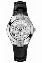 Guess Watches : W10226L1 Quartz Silver Dial Stainless Steel Case With Black Leather Strap Women Watch