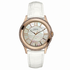 Guess Watches : W10267L1 Quartz White Mother Of Pearl Dial, Rose Gold Stainless Steel Case With White Leather Strap Women Watch