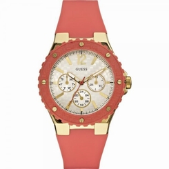 Guess Watches : W10614L1 Quartz White Dial Stainless Steel Case With Red Bezel And Leather Strap Women Watch