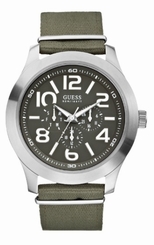 Guess Watches : W10617G1 Quartz Black Dial Stainless Steel Case With Green Canvas Leather Strap Men Watch