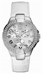 Guess Watches : W11008L1 Quartz Analog Day Date Crystal Bezel White Leather Women Watch