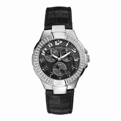 Guess Watches : W11008L2 Quartz Analog Day Date Crystal Bezel Black Leather Women Watch