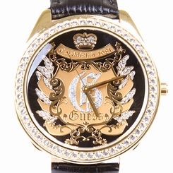 Guess Watches : W11011L1 Quartz Analog Crystal Gold Tone Stainless Steel Bezel Black Leather Women Watch