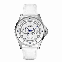 Guess Watches : W11172G2 Quartz White Mother Of Pearl Dial Stainless Steel Case, Diamonds With White Leather Strap Men Watch