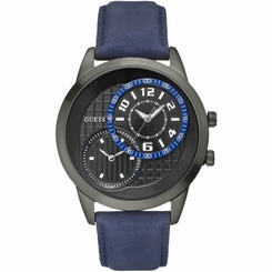 Guess Watches : W11174G2 Quartz Black Dial Stainless Steel Case With Blue Leather Strap Men Watch
