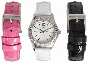 Guess Watches : W11180L1 Quartz White Dial Stainless Steel Case With White Leather Strap Women Watch