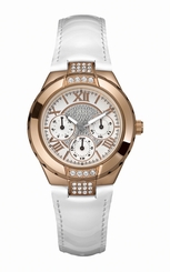 Guess Watches : W11566L1 Quartz White Dial Rose Gold Case With White Leather Strap Women Watch
