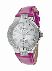 Guess Watches : W11607L3 Quartz Silver Dial Stainless Steel Case With Red Leather Strap Women Watch