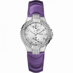 Guess Watches : W11607L4 Quartz Silver Dial Stainless Steel Case With Purple Leather Strap Women Watch