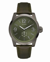 Guess Watches : W12108G1 Quartz Green Dial Stainless Steel Case With Black Leather Strap Men Watch