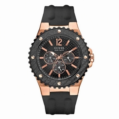 Guess Watches : W12653G1 Quartz Black Dial Rose Gold Stainless Steel Case With Black Silicone Strap Men Watch