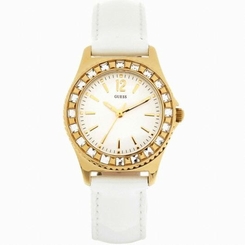 Guess Watches : W13103L1 Quartz White Dial Gold Tone Stainless Steel Case With White Leather Strap Women Watch