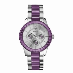 Guess Watches : W13582L4 Quartz Silver Dial Stainless Steel Case With Purple Bezel Men Watch