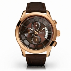 Guess Watches : W14052G2 Quartz Silver Dial Stainless Steel Case, Rose Gold Hour Indices With Brown Leather Strap Men Watch