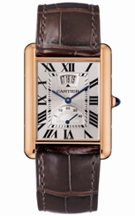 Cartier Watches : W1560003 Manual Winding Calibre 9753 18k Rose Gold Rectangular Silver Dial With Blue Sword Shaped Hands,date At 12 And Power Reserve Indicator At 7 Dial Brown Crocodile Leather Band Men Watch